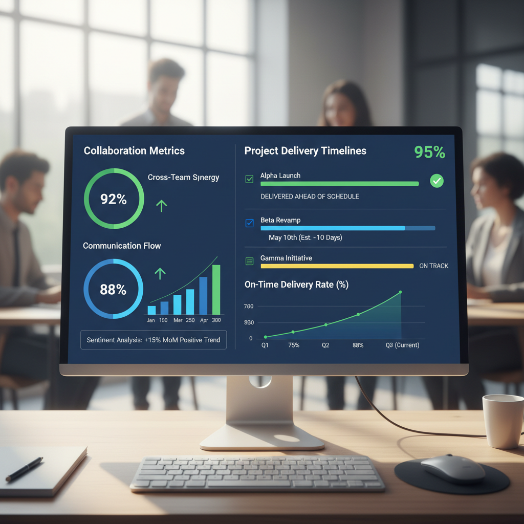 Enterprise-Team arbeitet an SAP-Implementierungsprojekt mit Datenanalytics-Dashboard